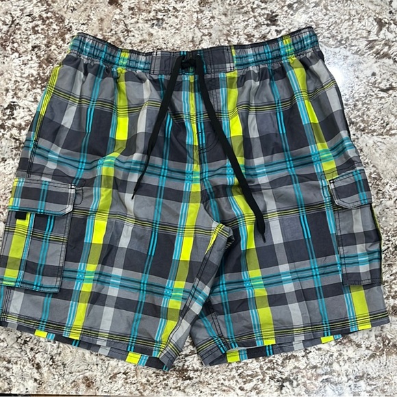 Kanu Surf Gray and Yellow Cargo Board Shorts/ Bathing Suit with Elastic Waist - Picture 1 of 9